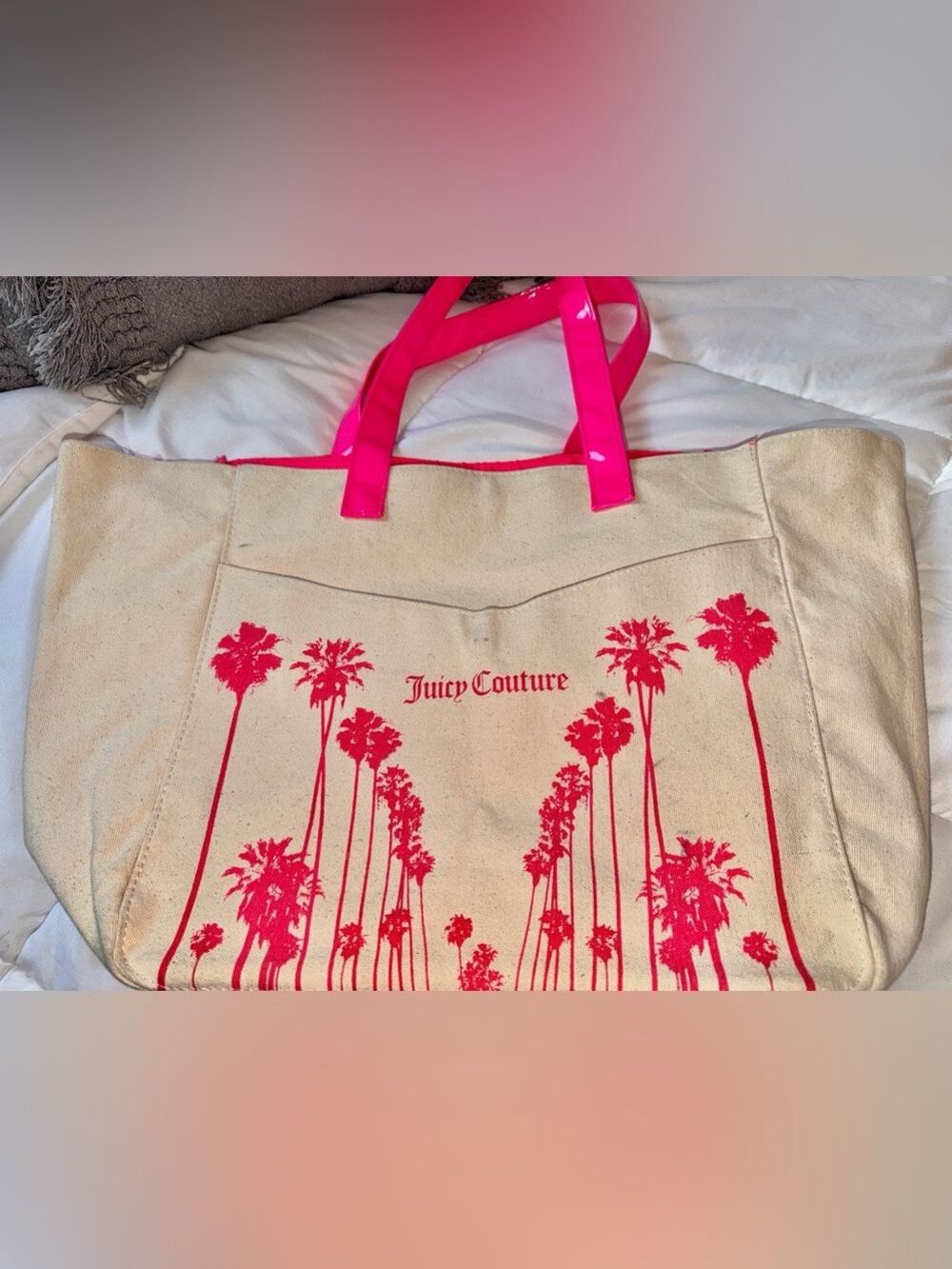 Juicy Couture Cream Tote with Hot Pink Palm Design and Shiny Pink Handles